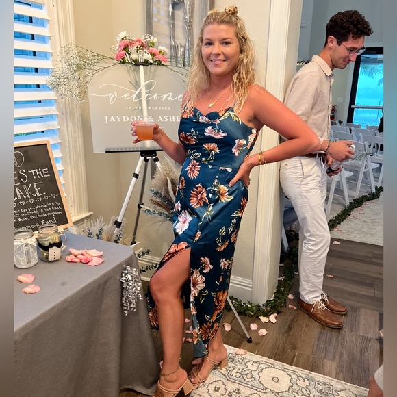 SHEIN Womens floral print drape neck split thigh satin dress - Picture 1 of 9